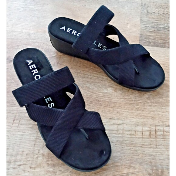Aerosoles black Ilona Women's Wedge Strappy Cushioned Footbed Sandal 9 Worn Once - Picture 1 of 9